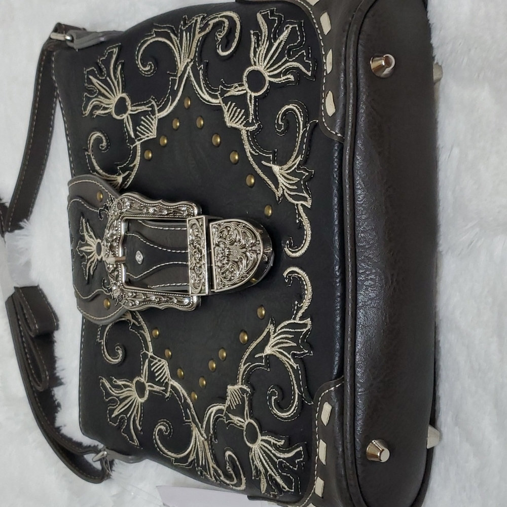 LAST 1 Gray Western Buckle  Crossbody with Embroidery - Picture 6 of 7